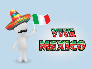 3D man in Mexican fiesta cinco de mayo. Fancy text, flag, hat symbols. Mexican party anniversary invitation card. Viva mexico text lettering banner image background template