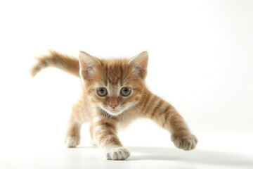 Whimsical charm of a playful kitten, batting at sunbeams and chasing imaginary foes, isolated on pure white background.