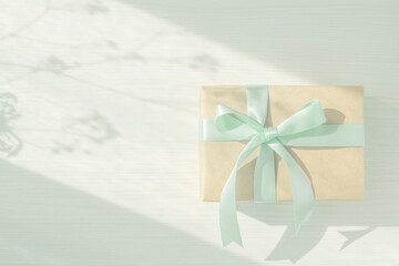 Present with light green ribbon placed on a wood grain background with plant shadows	