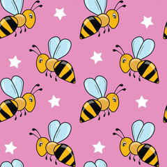 Seamless pattern with bees on color background. Small wasp. Vector illustration. Adorable cartoon character. Template design for invitation, cards, textile, fabric. Doodle style