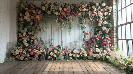 Naklejka premium The wedding background and room for studio photos are filled with beautiful flower decorations