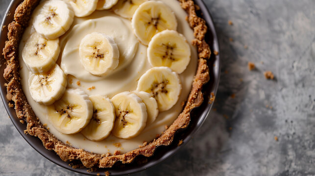 Indulge in the irresistible harmony of flavors with our decadent creation featuring a graham cracker crust filled with a delightful combination of bananas and toffee. Against a sophisticated grey back