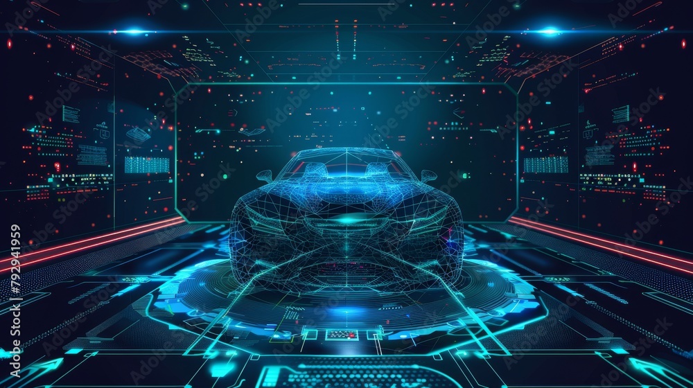 Poster A hologram of a car, scanning. An abstract graphic user interface based on an abstract graphic. Driverless car. HUD (head up display). GUI (Graphic User Interface). Vector.