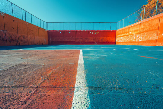 An image of a sports court where the boundary lines are painted with a 3D effect, making them appear