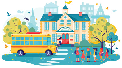 Obraz na płótnie Canvas School building with children in yard and yellow bus