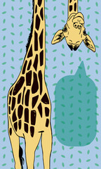 Funny giraffe with head upside down.  Talking giraffe Vector with patterned leaf background and speech bubble. 
