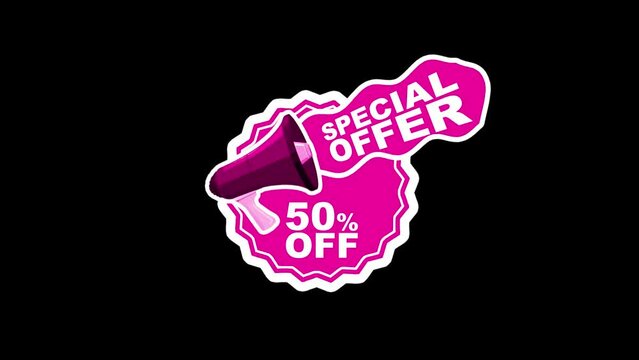 Transparent 50% Off Special Offer Badge with Megaphone Design in Pink. The Special Offer Is Animated Like It's Shouting Out The Promotion