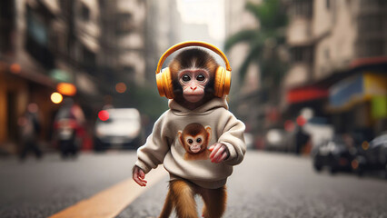 A monkey wearing a hoodie and headphones running on the street. Generative AI
