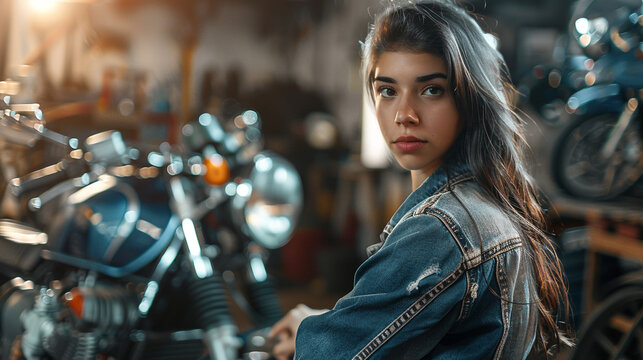 woman repairing motorbike in garage