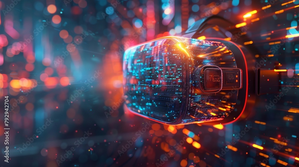 Poster Point of view from a virtual reality headset with a digital hologram interface, concept of VR technology
