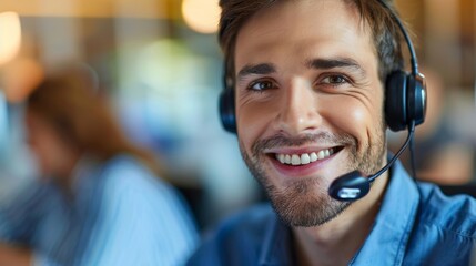 Phone call with telemarketing workers in contact us agency for consultant advice in customer service call. Sales consultation with CRM, operator, and male customer support