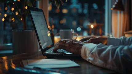 Nighttime laptop, hands, and professional typing journalist narrative, customer experience review, and copywriting. Editors and reporters verify web articles, press releases, and news editing.