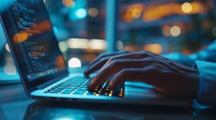 Hands typing, laptop and working freelance woman busy writing email or social media content while sitting at a table. Female web surfer planning, searching, and browsing website