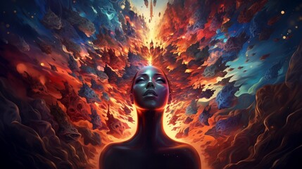 illustration of annual collective mind concept art, exploding mind, inner world, dreams, emotions, imagination and creative mind.
