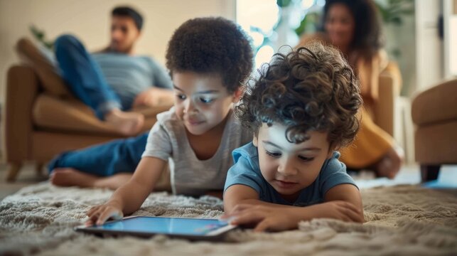 Tablet, kids on carpet, family on sofa for home internet, elearning app, or online games. Parents on couch and kids on ground or floor with youth website technology