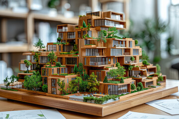 Wooden architecture model of a multistory residential building with rooftop gardens, on a wood base, in a modern style. Created with Ai