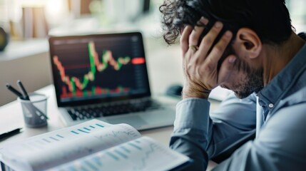 Businessman, headache, laptop, stock market disaster, insolvency, financial mistakes, or inaccurate statistics. Depression-afflicted trader on computer screen, data, or trading