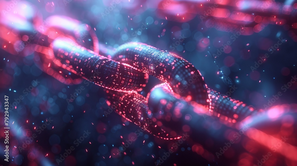 Poster The concept of a block chain or cyberspace technology, a low poly wireframe chain with binary code
