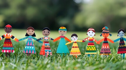 Hand-in-hand Paper Dolls from Various Cultural Backgrounds Celebrating Unity and Diversity