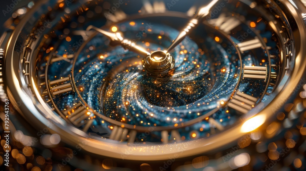Poster a spiral clock with a galaxy star background depicts the space of time in the universe
