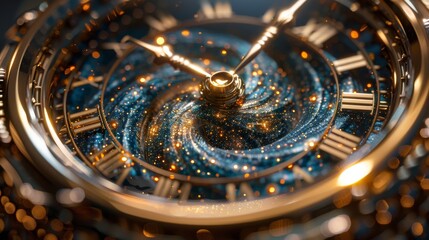 A spiral clock with a galaxy star background depicts the space of time in the universe - obrazy, fototapety, plakaty
