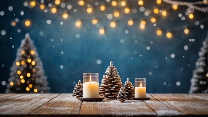 Empty wooden table top with abstract warm living room decor with christmas tree string light blue background with snow. for display or montage your products. digital ai