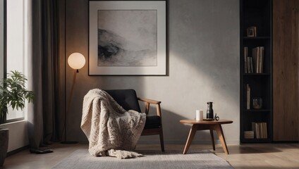 Minimalist Modern Room, Wooden Decorative Panel & Cozy Chair with Blanket