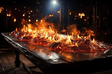 Wooden table with a fire burning on the edge of the table, fire particles, sparks and smoke in the air, with flames on a dark background