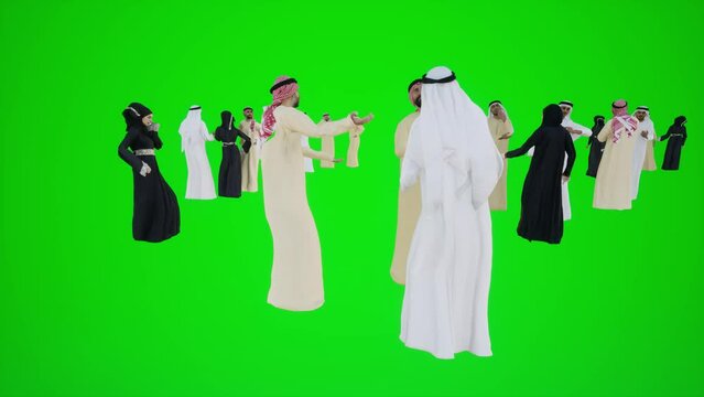 3D animation of a group of Arabs at the opening of the painting exhibition in Dubai, on the green screen, they are talking about buying paintings, Chroma key Isolated group of people on green screen b