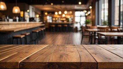Empty wooden table top with blurred coffee shop and restaurant interior background. for display or montage your products. digital ai
