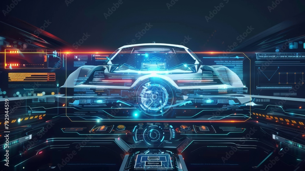 Aufkleber An interface with a hologram car style on the HUD, UI GUI. Hardware diagnostics status of the car. Virtual graphical interface with UI GUI. Auto-scanning, analysis, diagnostics, speedometer. VR.