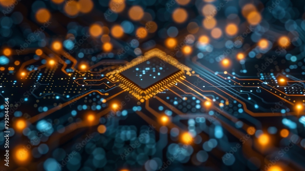 Fototapete A microchip with electronic patterns and technology icons represents a digital network or internet of things