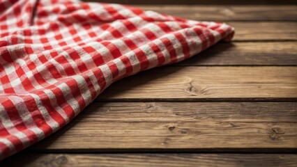 Empty wooden table top with Red checkered picnic cloth on wooden table. for display or montage your products. digital ai