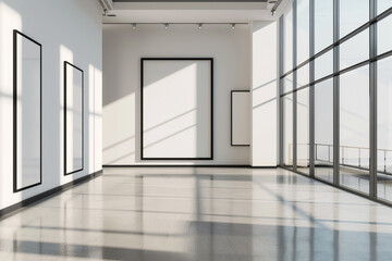 A sleek, minimalistic avant-garde art gallery interior with high ceilings and expansive white walls, featuring a series of large, empty black frame mockups. 