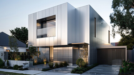 A sleek silver house, complemented by minimal suburban landscaping, capturing the sleekness of modern suburban living. - obrazy, fototapety, plakaty
