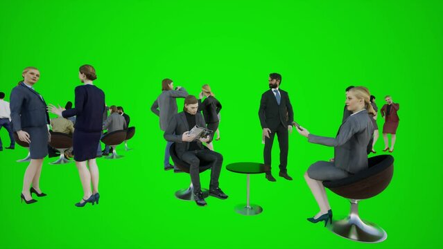 3D animation of a meeting of Europeans and Africans talking standing and sitting in Dubai, Chromaki green screen Isolated group of people on green screen background