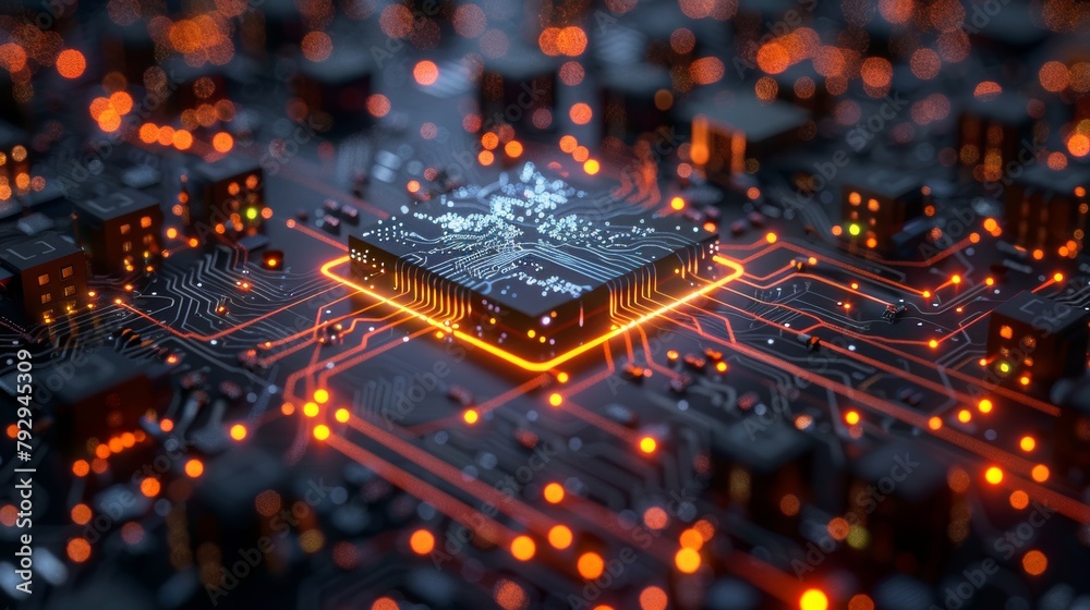 Poster Microchip and artificial intelligence brain with digital technology interface in isometric view of the internet of things