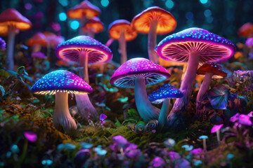 Generative AI, Beautiful and awesome neon colorful mushrooms, Magical views of neon colorful mushrooms, Beautiful view of neon colorful mushrooms in the thickets of forest bushes, small neon mushrooms