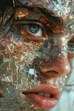 A mosaic of mirrored tiles that reflect the viewerâ€™s own face, fragmented and reassembled into a n