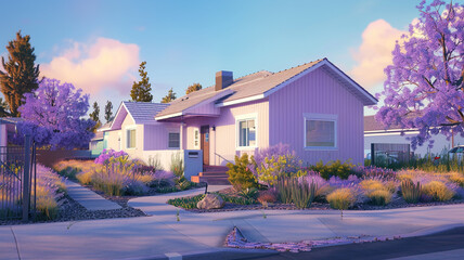 A soft lavender house, subtly accented with minimal landscaping, capturing the essence of modern suburban tranquility.