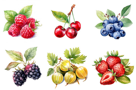 watercolor collection of berries clipart raspberries cherries blueberries blackberries gooseberries strawberries isolated on white