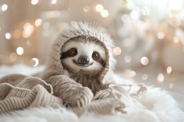 Fototapeta premium This baby sloth, snug in a wintry hood, revels in the festive season