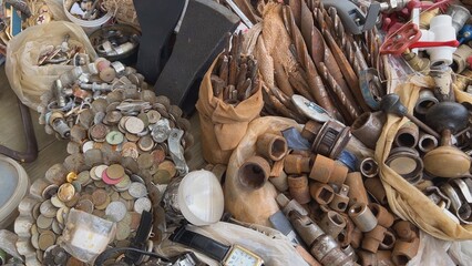 A flea market of old rusty things and tools.