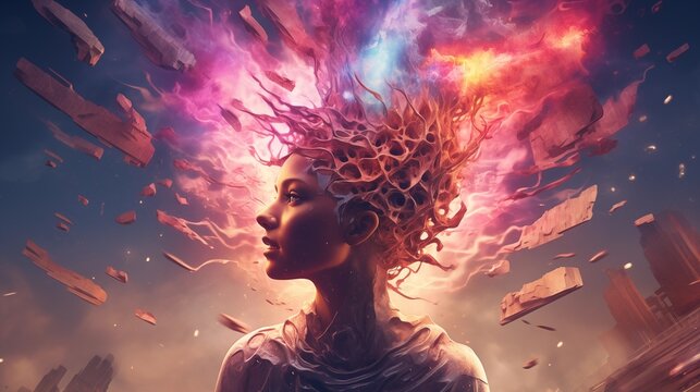 illustration of annual collective mind concept art, exploding mind, inner world, dreams, emotions, imagination and creative mind.