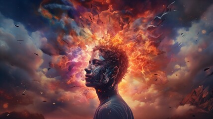 illustration of annual collective mind concept art, exploding mind, inner world, dreams, emotions, imagination and creative mind.