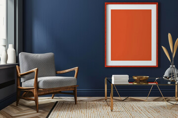 A stylish, Scandinavian living space with a navy blue wall and a bright orange frame mockup poster. 