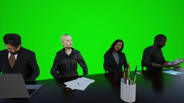 3D animation of African and European professors talking to each other and solving study problems while sitting around a table in London, Chromakey green screen Isolated group of people on green screen