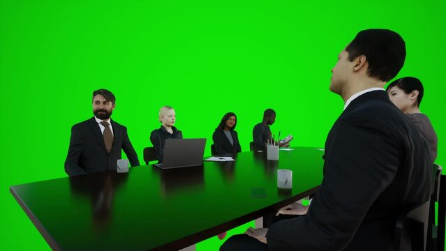 3D animation of African and European professors talking to each other and solving study problems while sitting around the table in Oman, Chromakey green screen Isolated group of people on green screen