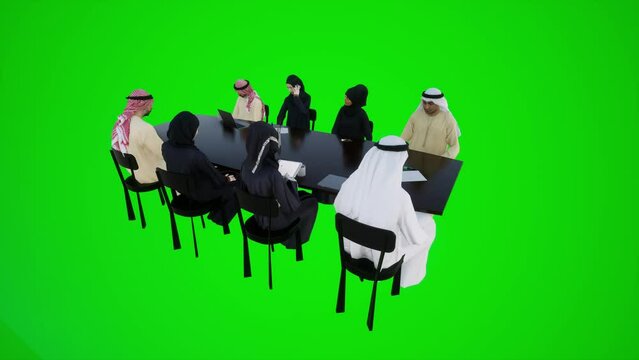 3D animation of a meeting of Arab painters talking to each other while sitting around a table in a gallery in Dubai. Chromaki green curtain. Isolated group of people on green screen background