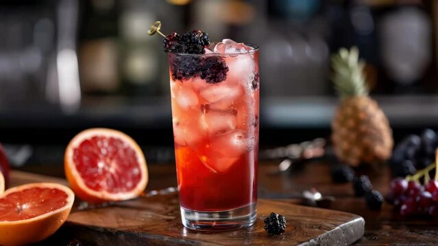 A glass of red drink with a blackberry garnish on top